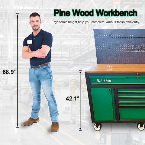 Heavy-Duty 11-Drawer Tool Cabinet With Solid Wood Workbench Top And Pegboard Backwall shown with 68.9" man for height comparison