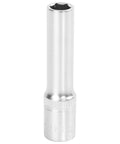 One Quarter Inch SAE Deep Socket Six Point Thin Wall With Hard Chrome Finish for tight spaces, close-up on knurled grip