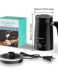 4 In 1 Electric Milk Frother And Steamer With Large Capacity For Hot Or Cold Foam beside box and base.