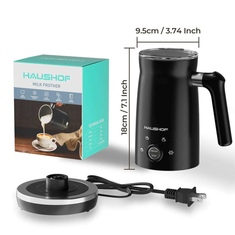 4 In 1 Electric Milk Frother And Steamer With Large Capacity For Hot Or Cold Foam beside box and base.