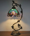 Stained Glass Tiffany Style Bedside Table Lamp with metal leaf base, cozy reading desk light for small space bedrooms, bronze finish