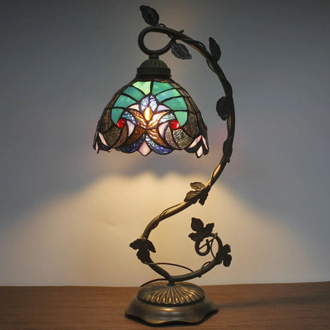 Stained Glass Tiffany Style Bedside Table Lamp with metal leaf base, cozy reading desk light for small space bedrooms, bronze finish