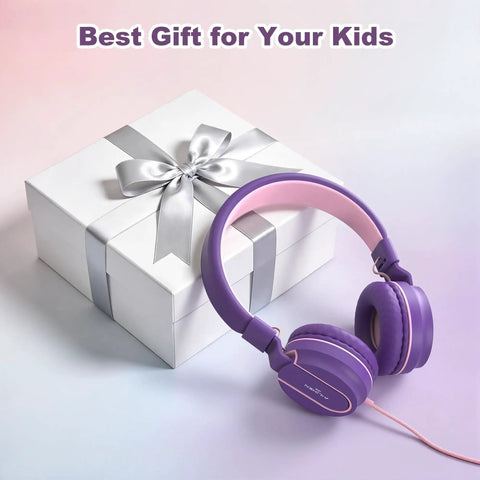 On Ear Kids Headphones With Microphone, Wired, 93dB Volume Limited, Foldable Lightweight Headphones For School Learning And Entertainment, Pink Purple next to gift box