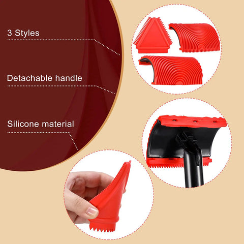 Must Have Set Of 3 Wood Graining Tools For DIY Texture Painting With Rubber Roller And Handles Includes Two Square Graining Heads And A Triangle Wood Grain Tool For Walls Cabinets Furniture And Home Decor Projects showing three red silicone tools with detachable handle.