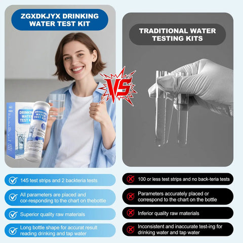 Comparison of No Sweat 21-In-1 Home Water Test Kit With 145 Strips And Four Bacteria Checks and traditional water testing kits.