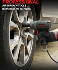 Pro Grade 1/2 Inch Air Impact Wrench 1245 Ft Lbs Max Torque Twin Hammer Design in use for tire repair on a car wheel.
