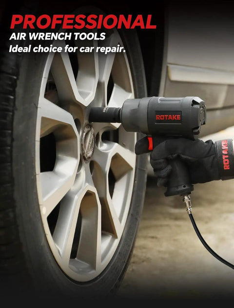 Pro Grade 1/2 Inch Air Impact Wrench 1245 Ft Lbs Max Torque Twin Hammer Design in use for tire repair on a car wheel.