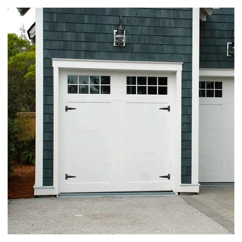 White garage door with Six Pack 4 Inch T Strap Hinges Built Tough Rustic Black For Windows, Fences, Barn Doors And Gates