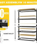 Heavy Duty Garage Shelving Unit 5 Tier Adjustable Metal Storage Rack With 2025 Lbs Capacity Freestanding Organizer For Kitchen Basement Laundry And More, exploded view with mallet and gloves