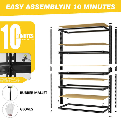 Heavy Duty Garage Shelving Unit 5 Tier Adjustable Metal Storage Rack With 2025 Lbs Capacity Freestanding Organizer For Kitchen Basement Laundry And More, exploded view with mallet and gloves