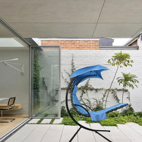 Blue Replacement Cushion Cover For Outdoor Hanging Lounge Chair And Umbrella Fabric in modern patio setting.