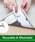 Applying No Slip Rug Gripper Discs 12 Pack Double Sided Reusable Rug Tape under a carpet corner for hardwood floors.