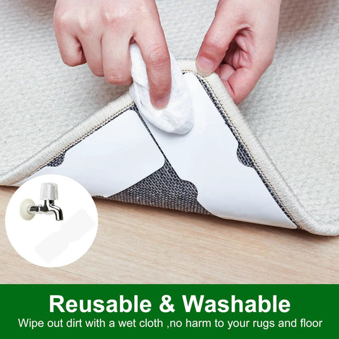 Applying No Slip Rug Gripper Discs 12 Pack Double Sided Reusable Rug Tape under a carpet corner for hardwood floors.