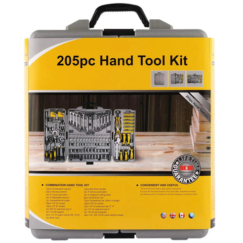 205 Piece Mechanics Tool Set With Sockets Wrenches Hex Keys Pliers And Screwdriver Bits In Sturdy Box Organizer For Auto Repair And DIY Projects And Carry Case displayed on table