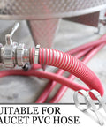 Heavy Duty 25 Pack Stainless Steel Hose Clamps 2.5 Inch Size With 5/8 Inch Wide Double Band For Ducting Cable Routing And Garage Mods That Grip Tight And Lock Down Solid, securing red PVC hose.