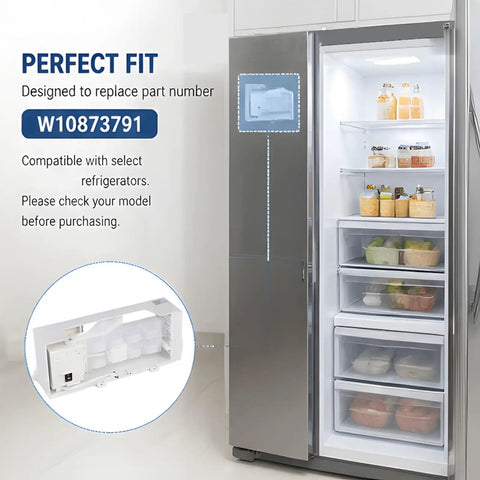 Ice Maker Assembly W10873791 for Refrigerators High Efficiency Ice Maker Component Easy 10 Minute Install No Tools Needed Durable Plastic Housing Replaces Your Old Ice Maker Easy Swap Fits Most Models shown beside refrigerator