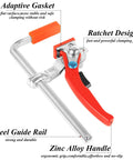 Two Pack Ratcheting Table Clamps With Quick Bar For Easy Grip, 0 To 6 Inch Clamping Range, Beefy Heavy Duty F Clamp For MFT Tables And Guide Rail Systems, 353 Lb Grip, Alloy Steel Track Saw Clamp Set with detailed features and annotations