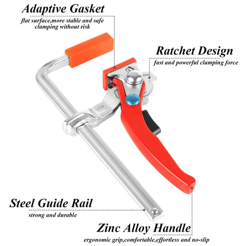 Two Pack Ratcheting Table Clamps With Quick Bar For Easy Grip, 0 To 6 Inch Clamping Range, Beefy Heavy Duty F Clamp For MFT Tables And Guide Rail Systems, 353 Lb Grip, Alloy Steel Track Saw Clamp Set with detailed features and annotations