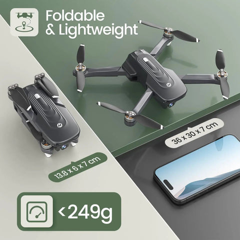 Compact GPS Drone With 4K Camera For Adults Under 249g Foldable RC Quad Copter with folded and unfolded view next to phone