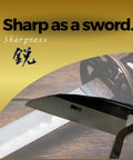 Nejiri Gama Hand Hoe Weeding Sickle sharp blade detail with sword background, showcasing 9.8 inch stainless steel garden tool.