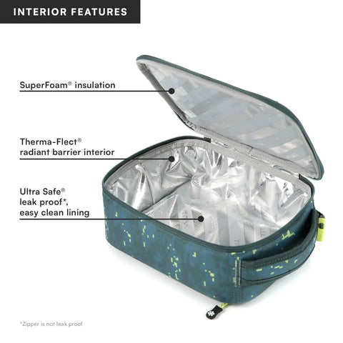 Interior view of Badass Pixel Camo Soft Sided Cooler Lunch Bag with SuperFoam insulation and easy clean lining.