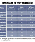 Size chart of tent footprint for Ultralight Tent Footprint Tarp 55x87 Inches Waterproof PU2000mm Ground Cloth for Camping