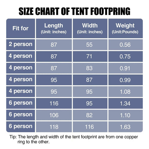 Size chart of tent footprint for Ultralight Tent Footprint Tarp 55x87 Inches Waterproof PU2000mm Ground Cloth for Camping