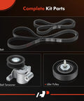 Serpentine Belt Drive Kit For Ford Escape Focus And Transit Connect 2013 2018 2.0L 2.3L 2.5L With Tensioner And Idler Pulleys Plus Replacement Belts DIY Ready To Install Two Belts Included, showing belts, tensioner, and idler pulley.