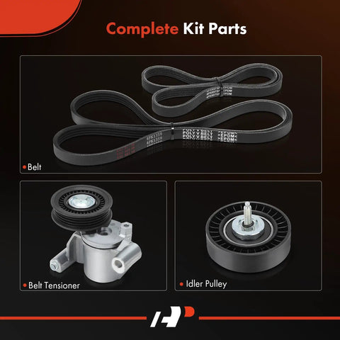 Serpentine Belt Drive Kit For Ford Escape Focus And Transit Connect 2013 2018 2.0L 2.3L 2.5L With Tensioner And Idler Pulleys Plus Replacement Belts DIY Ready To Install Two Belts Included, showing belts, tensioner, and idler pulley.