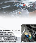 Mechanic using Schrader Valve Core Removal Tool Set 39 pieces with single and dual heads on automotive AC system