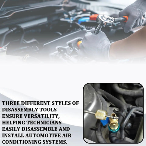 Mechanic using Schrader Valve Core Removal Tool Set 39 pieces with single and dual heads on automotive AC system