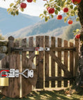 304 Stainless Steel Adjustable Toggle Latch With Lockhole No Fuss Quick Release Pull Latch on a wooden gate in an apple orchard