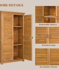 63 Inch Tall Wooden Outdoor Storage Cabinet With Two Lockable Doors Three Adjustable Shelves Waterproof Roof Weatherproof Garden Tools Shed For Yard Patio Deck Or Porch Natural Finish, open doors and adjustable shelves detail.