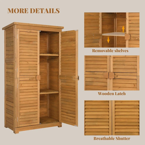 63 Inch Tall Wooden Outdoor Storage Cabinet With Two Lockable Doors Three Adjustable Shelves Waterproof Roof Weatherproof Garden Tools Shed For Yard Patio Deck Or Porch Natural Finish, open doors and adjustable shelves detail.