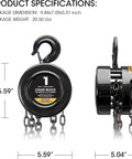 Manual Chain Block Hoist 1 Ton Capacity With 2 Heavy Duty Hooks Steel Hand Lift 8 Ft Lift Black Oxide Chains, front and side view