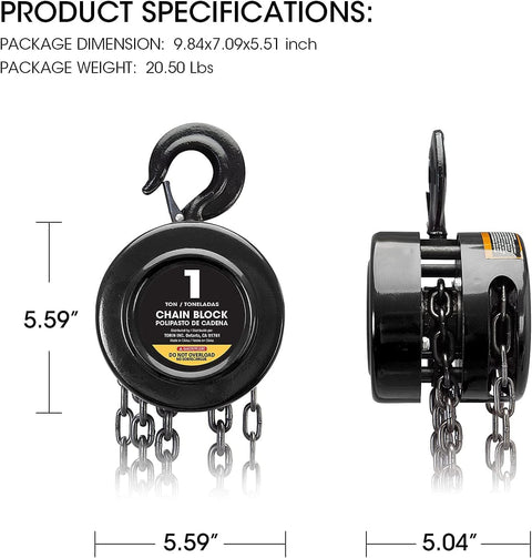 Manual Chain Block Hoist 1 Ton Capacity With 2 Heavy Duty Hooks Steel Hand Lift 8 Ft Lift Black Oxide Chains, front and side view