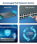 26-Port PoE Switch With 24 PoE And PoE Plus Ports And 2 Gigabit Uplink Ports showing features including metal case, plug-and-play, and 4KV protection