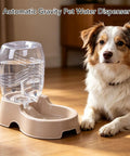 Set It And Forget It Gravity Pet Waterer Keeps Your Pooch Fully Hydrated With Large Capacity Plastic Bowl in beige with dog