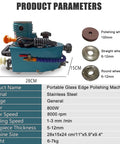 Handheld Glass Edge Polishing Grinder, Portable Electric Glass Beveling Machine, 8000 RPM, 5-12 Mm Thickness, includes 8 diamond wheels, shown with product parameters and three different polishing wheels