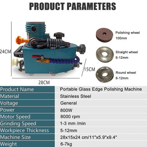 Handheld Glass Edge Polishing Grinder, Portable Electric Glass Beveling Machine, 8000 RPM, 5-12 Mm Thickness, includes 8 diamond wheels, shown with product parameters and three different polishing wheels