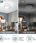 Comparison of kitchen lighting: Low Profile Round LED Ceiling Light 32W Sleek Modern Fixture vs dark round fixture, showing flicker-free feature.