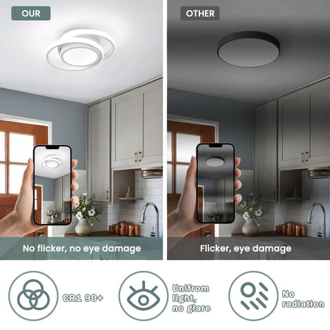 Comparison of kitchen lighting: Low Profile Round LED Ceiling Light 32W Sleek Modern Fixture vs dark round fixture, showing flicker-free feature.