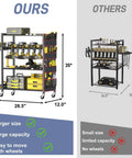 Comparison of two tool carts with "Ours" showing a larger, wheeled 4-tier cart at 35" high and "Others" a smaller, non-wheeled version.