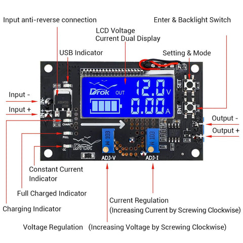 Dope Buck Converter Power Module Adjustable Voltage Regulator From 6V-32V Down To 1.5-32V Up To 5A With LCD Display USB Port