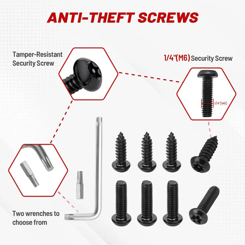 Tamper-resistant security screws and wrenches for Silicone License Plate Frame With Anti Theft Screw Kit No Obstruction Anti Rattle Rust Proof Street Legal Universal Fit 6x12 Inch Plates For Pickup SUV RV Stainless M6 Screws