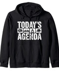 Cozy RV Camping Zip Hoodie For Campers And Outdoorsy Lovers Funny Wilderness Explorer Hoodie Gift Perfect Camp Gift For Dads And Adventurers On The Trail, black with 'Today's Agenda' print