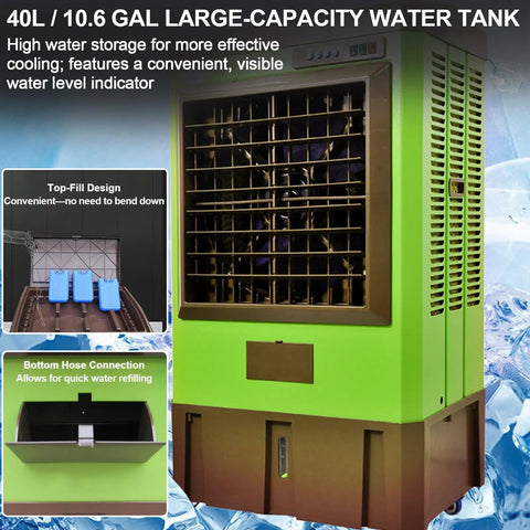 Heavy Duty Portable Swamp Cooler Featuring 8830 CFM Airflow And 10.6 Gallon Tank For Garage Cooling And Humidifying Straight Up Knocks The Heat Outta Your Shop Whenever You Need It, highlighting large water tank and top-fill design.
