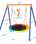Rainbow Saucer Swing With Stand For Kids Outdoor Playset showing size and adjustable rope details, metal frame support.