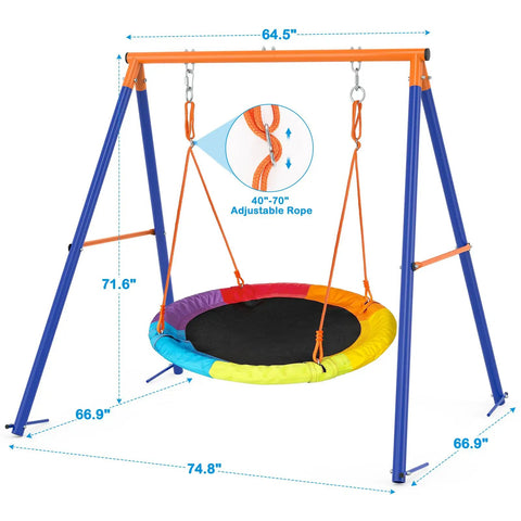 Rainbow Saucer Swing With Stand For Kids Outdoor Playset showing size and adjustable rope details, metal frame support.