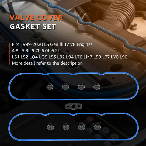 Valve Cover Gasket Set For LS V8 Engines 4.8 5.3 5.7 6.0 6.2L 1999 To 2020 Fits Chevy Silverado 1500 2500 Suburban Tahoe Trailblazer GMC Sierra Savana Yukon Envoy Oil Leak Fix 11-piece set